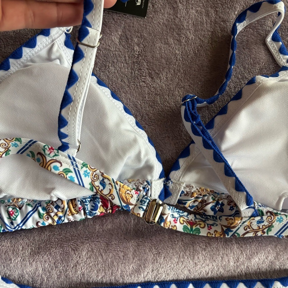 New Blue Yellow Mediterranean Tile Print Scalloped Triangle Bikini Set Large - Picture 9 of 11